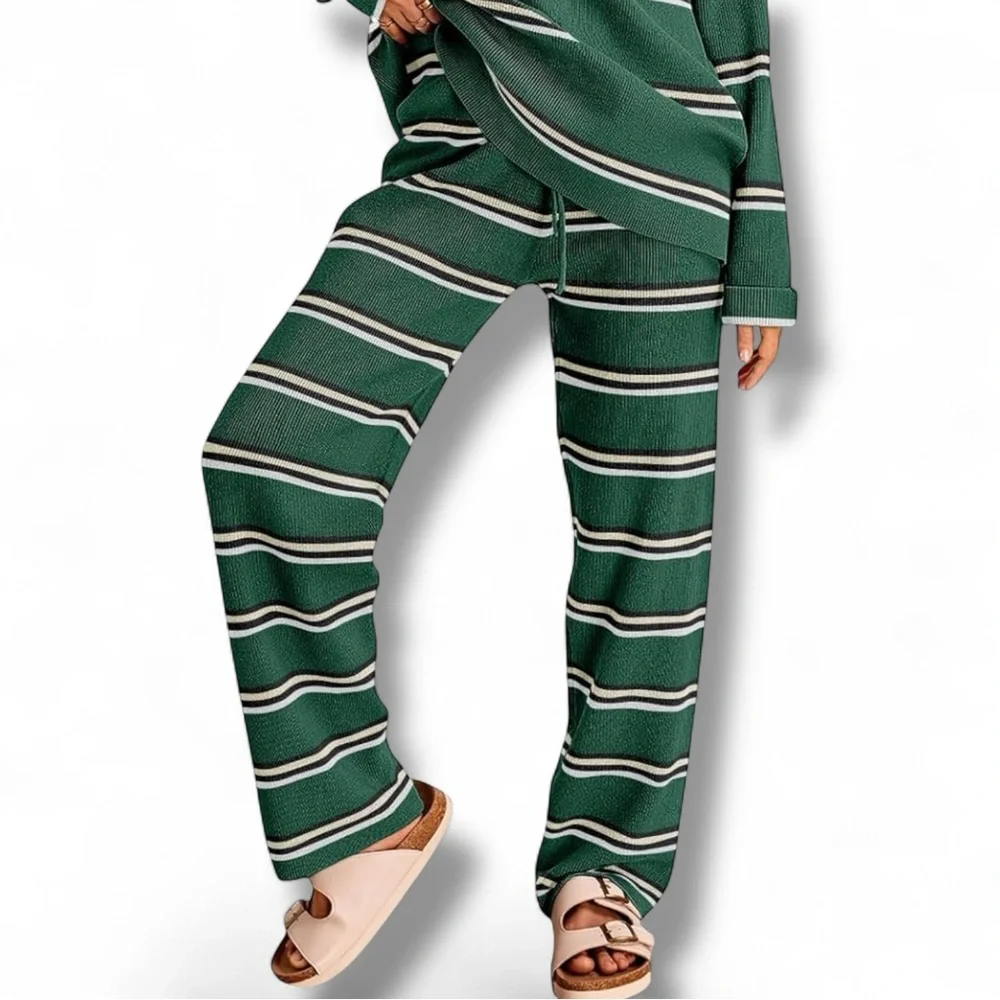 Striped Green Women's Comfort Lounge Wide Leg Pants - Picture 1 of 6